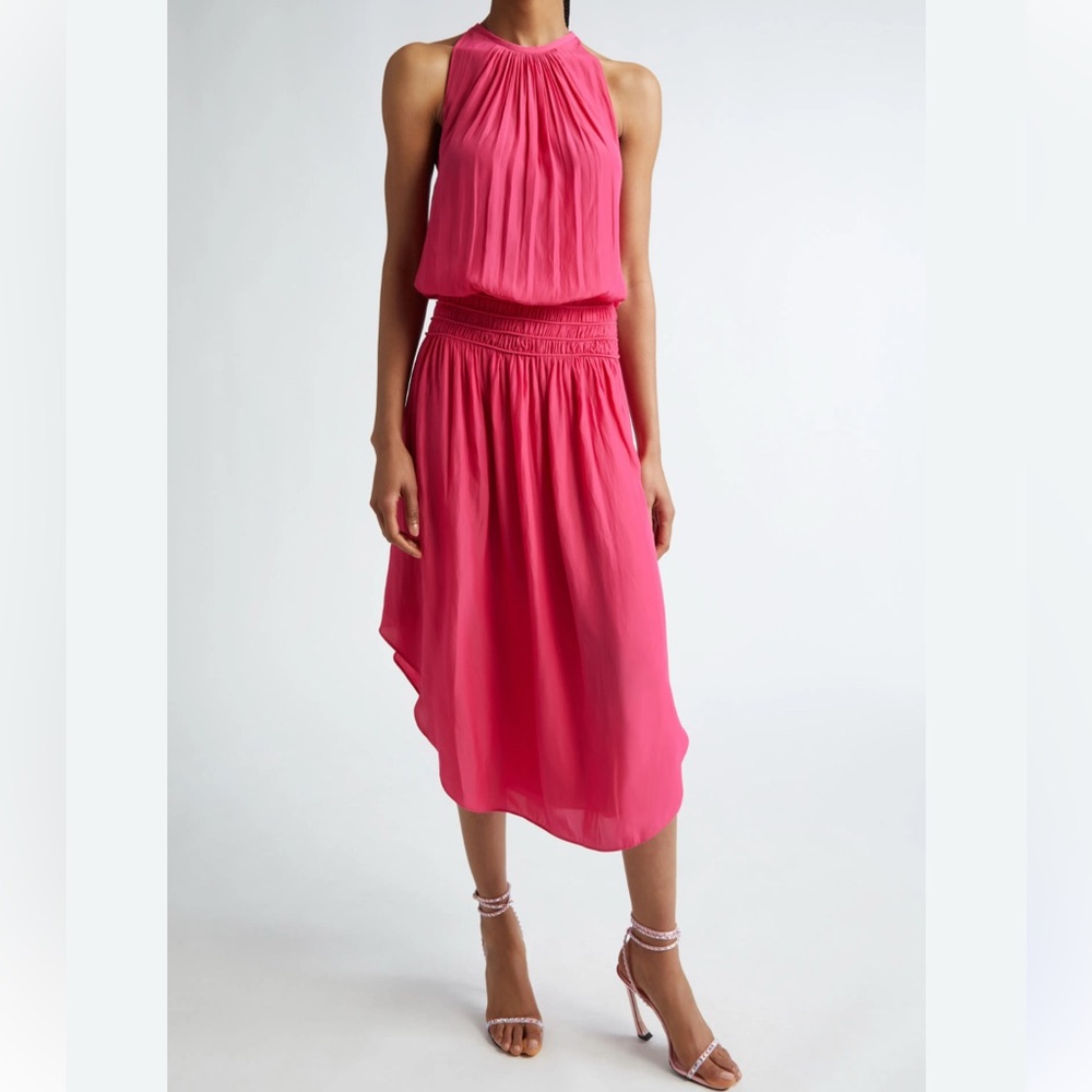 Ramy Brook Women’s Pink Audrey Smocked Midi Halter Dress Cocktail Size Small
